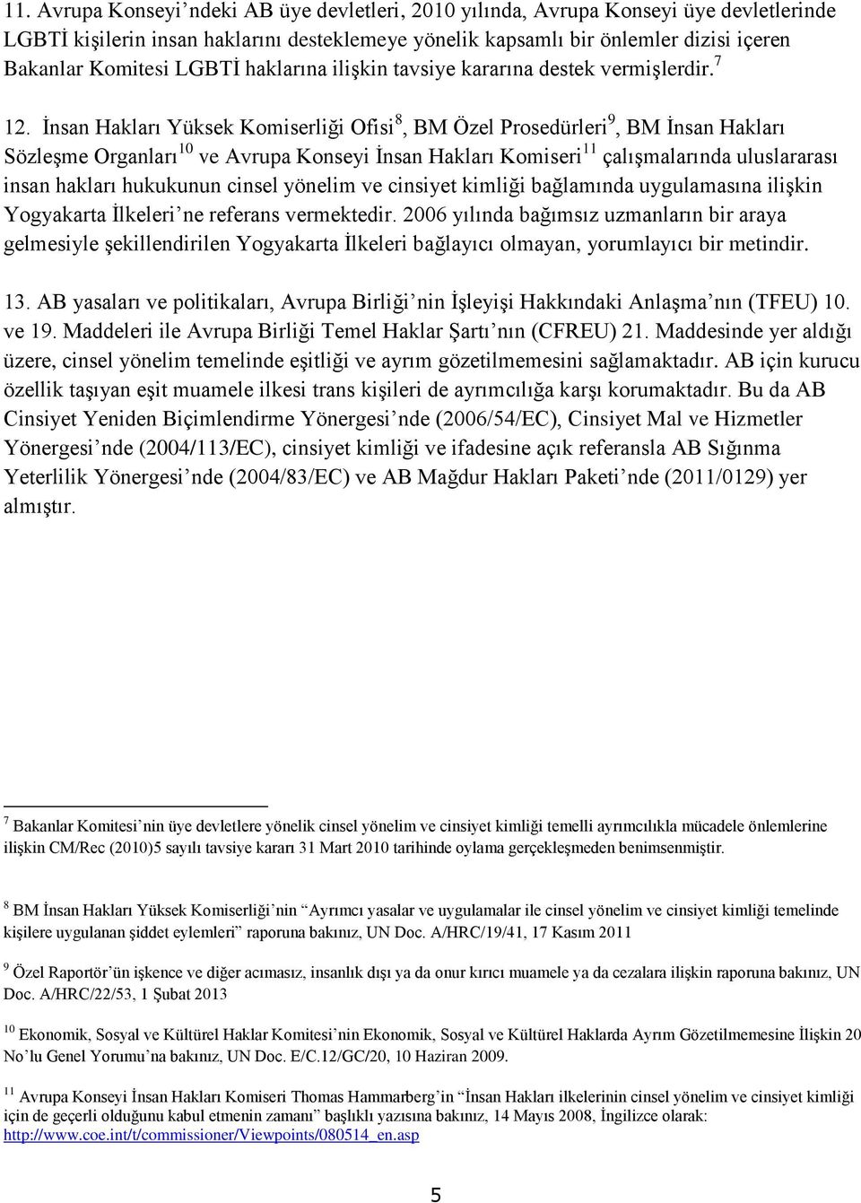 İnsan Hakları Yüksek Komiserliği Ofisi 8, BM Özel Prosedürleri 9, BM İnsan Hakları Sözleşme Organları 10 ve Avrupa Konseyi İnsan Hakları Komiseri 11 çalışmalarında uluslararası insan hakları