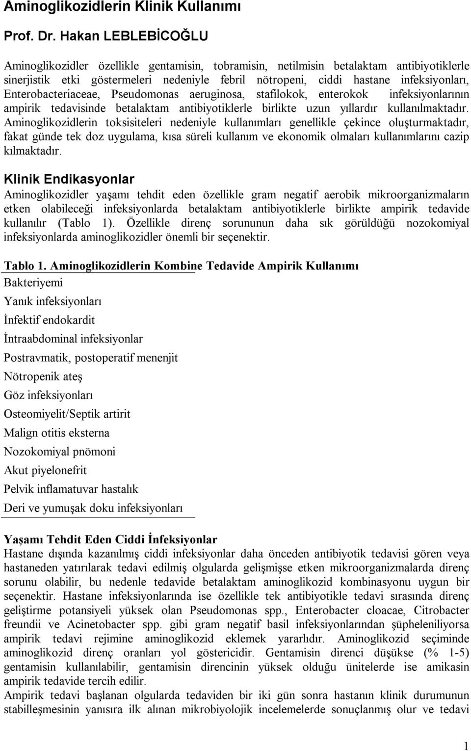 Enterobacteriaceae, Pseudomonas aeruginosa, stafilokok, enterokok infeksiyonlarının ampirik tedavisinde betalaktam antibiyotiklerle birlikte uzun yıllardır kullanılmaktadır.