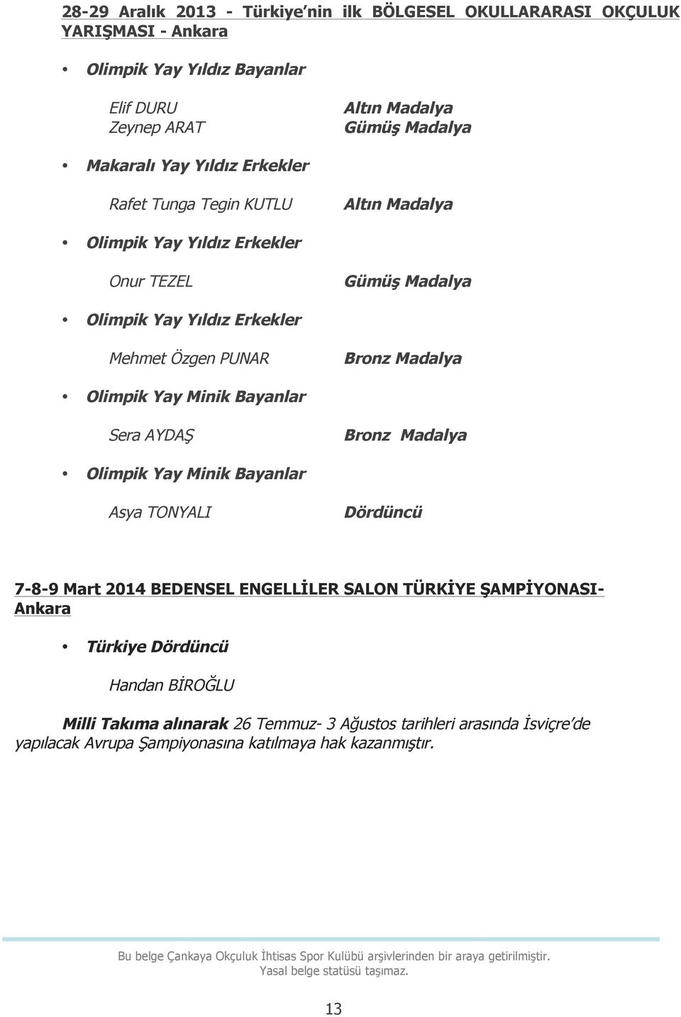 AYDAŞ Olimpik Yay Minik Bayanlar Asya TONYALI Dördüncü 7-8-9 Mart 2014 BEDENSEL ENGELLİLER SALON TÜRKİYE ŞAMPİYONASI- Ankara Türkiye Dördüncü