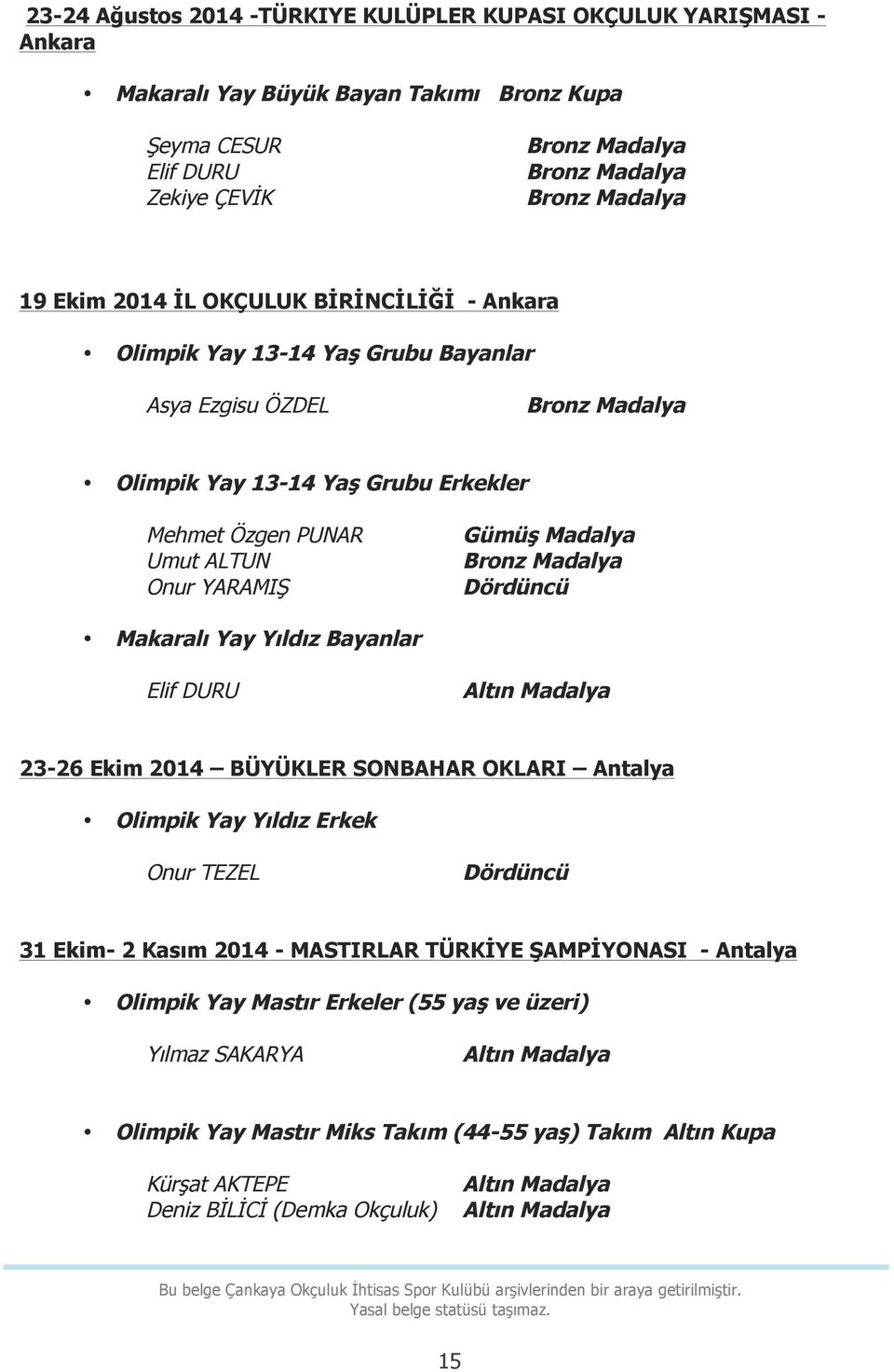 Yıldız Bayanlar Elif DURU 23-26 Ekim 2014 BÜYÜKLER SONBAHAR OKLARI Antalya Olimpik Yay Yıldız Erkek Onur TEZEL Dördüncü 31 Ekim- 2 Kasım 2014 - MASTIRLAR TÜRKİYE