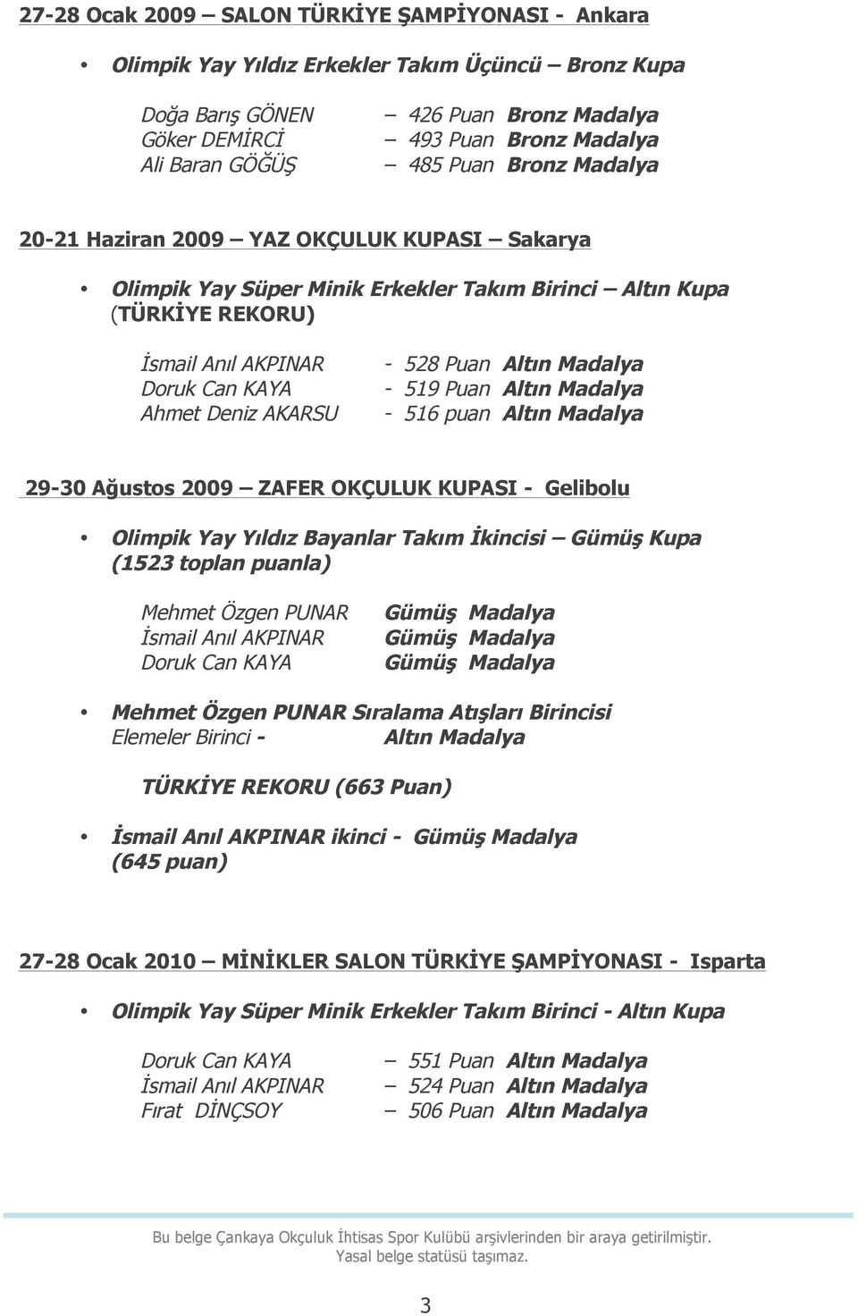 2009 ZAFER OKÇULUK KUPASI - Gelibolu Olimpik Yay Yıldız Bayanlar Takım İkincisi Gümüş Kupa (1523 toplan puanla) İsmail Anıl AKPINAR Doruk Can KAYA Sıralama Atışları Birincisi Elemeler Birinci -