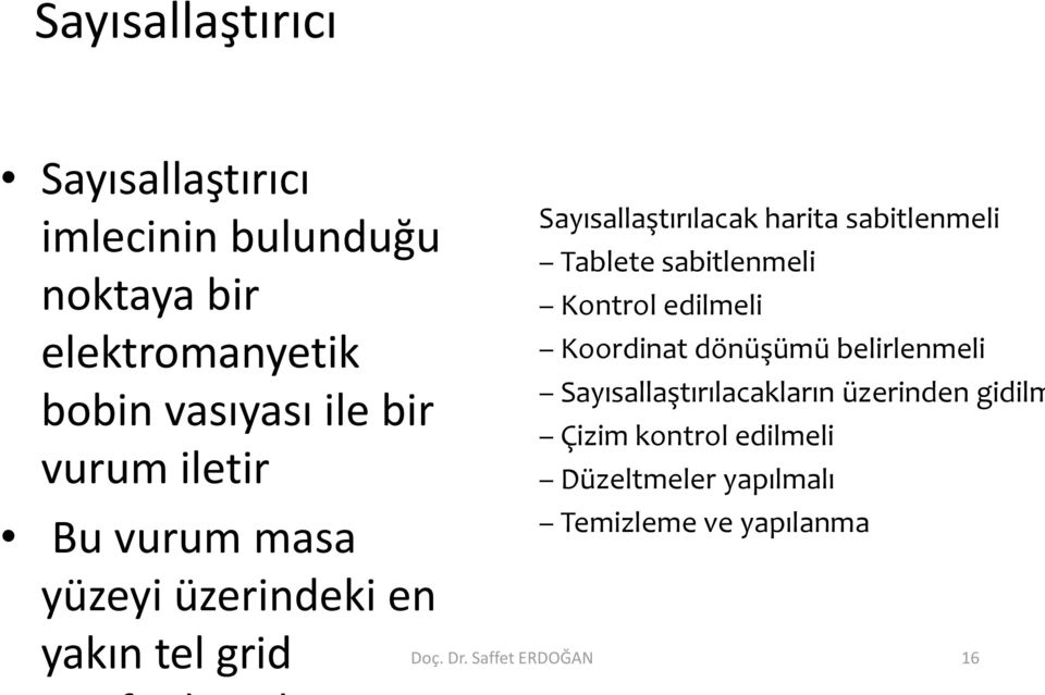 sabitlenmeli Kontrol edilmeli Koordinat dönüşümü belirlenmeli Sayısallaştırılacakların üzerinden gidilm