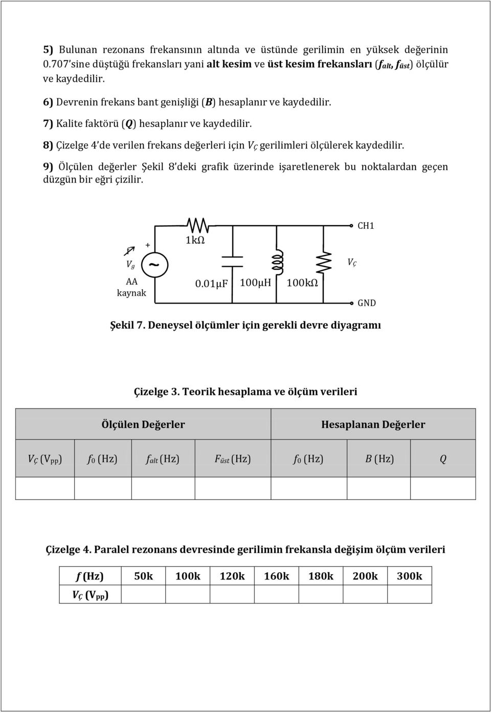 9) Ölçülen değerler Şekil 8 deki grafik üzerinde işaretlenerek bu noktalardan geçen düzgün bir eğri çizilir. f Vg + AA kaynak ~ kω.µf µh kω VÇ CH GND Şekil 7.