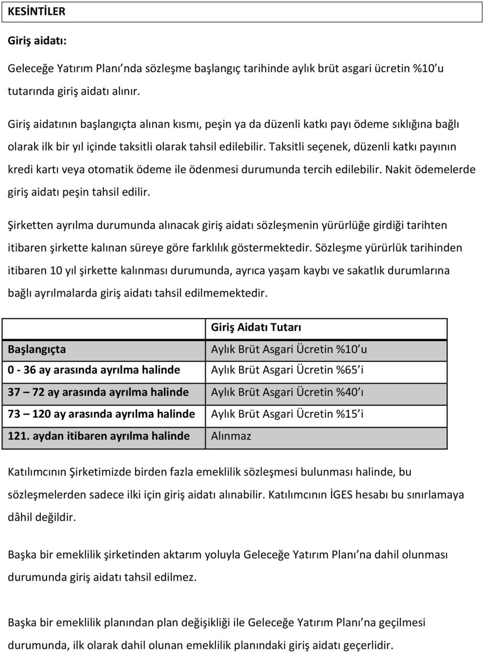 Taksitli seçenek, düzenli katkı payının kredi kartı veya otomatik ödeme ile ödenmesi durumunda tercih edilebilir. Nakit ödemelerde giriş aidatı peşin tahsil edilir.