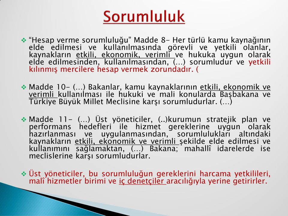 ( Madde 10- ( ) Bakanlar, kamu kaynaklarının etkili, ekonomik ve verimli kullanılması ile hukuki ve mali konularda Başbakana ve Türkiye Büyük Millet Meclisine karşı sorumludurlar.