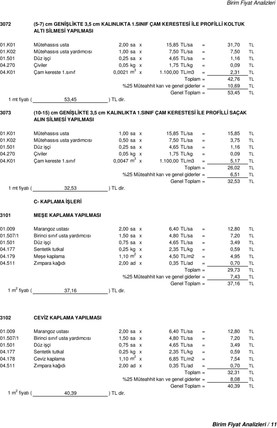 100,00 TL/m3 = 2,31 TL Toplam = 42,76 TL %25 Müteahhit karı ve genel giderler = 10,69 TL Genel Toplam = 53,45 TL 1 mt fiyatı ( 53,45 ) TL dir. 3073 (10-15) cm GENİŞLİKTE 3,5 cm KALINLIKTA 1.