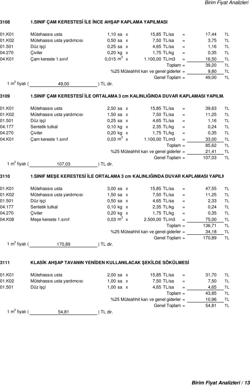 100,00 TL/m3 = 16,50 TL Toplam = 39,20 TL %25 Müteahhit karı ve genel giderler = 9,80 TL Genel Toplam = 49,00 TL 1 m 2 fiyatı ( 49,00 ) TL dir. 3109 1.