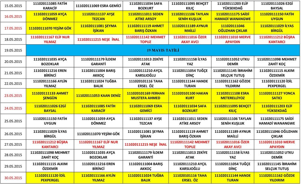 05.2015 25.05.2015 26.05.2015 111020111070 YEŞİM GÖK 111020111046 OĞUZHAN ÇIKLAR 27.05.2015 111020111215 NEŞE İNAL 111020111016 ÖZER AKAY 28.