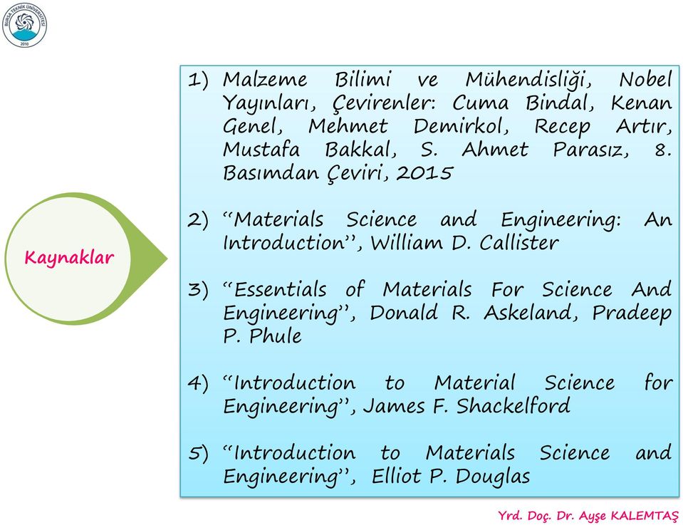 Basımdan Çeviri, 2015 Kaynaklar 2) Materials Science and Engineering: An Introduction, William D.