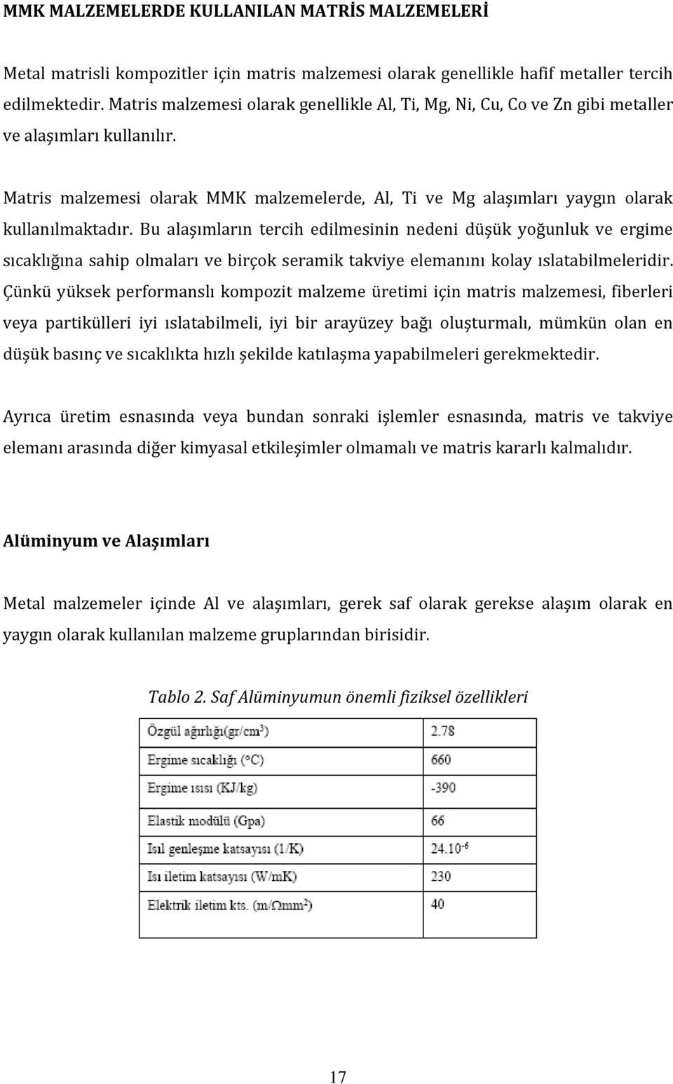 Matris malzemesi olarak MMK malzemelerde, Al, Ti ve Mg alaşımları yaygın olarak kullanılmaktadır.