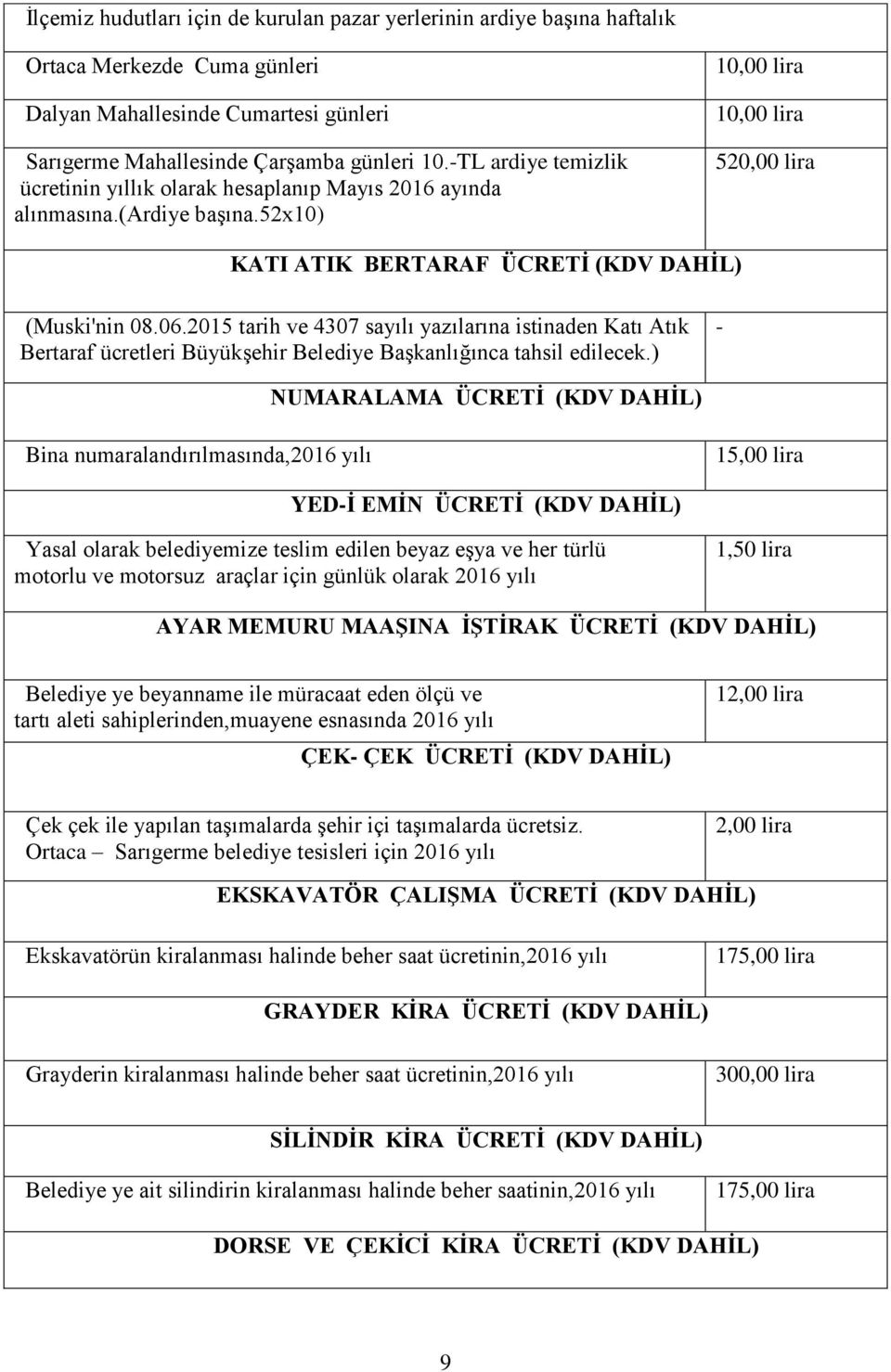 2015 tarih ve 4307 sayılı yazılarına istinaden Katı Atık Bertaraf ücretleri Büyükşehir Belediye Başkanlığınca tahsil edilecek.