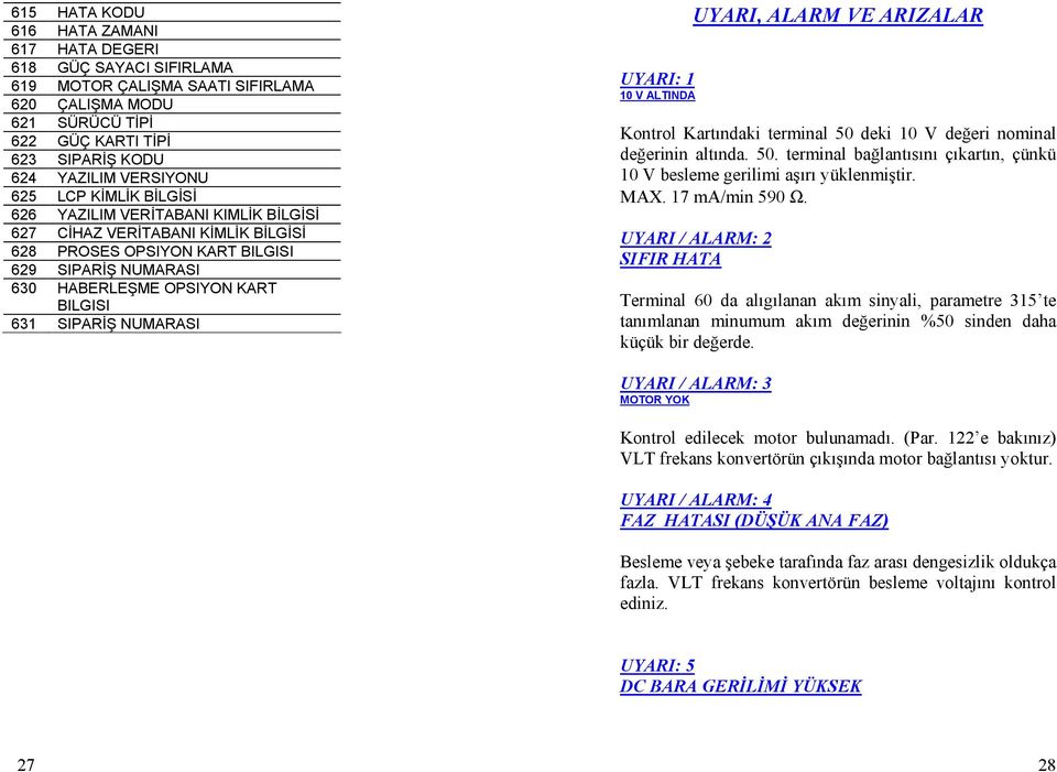 NUMARASI UYARI: 1 10 V ALTINDA UYARI, ALARM VE ARIZALAR Kontrol Kartındaki terminal 50 deki 10 V değeri nominal değerinin altında. 50. terminal bağlantısını çıkartın, çünkü 10 V besleme gerilimi aşırı yüklenmiştir.