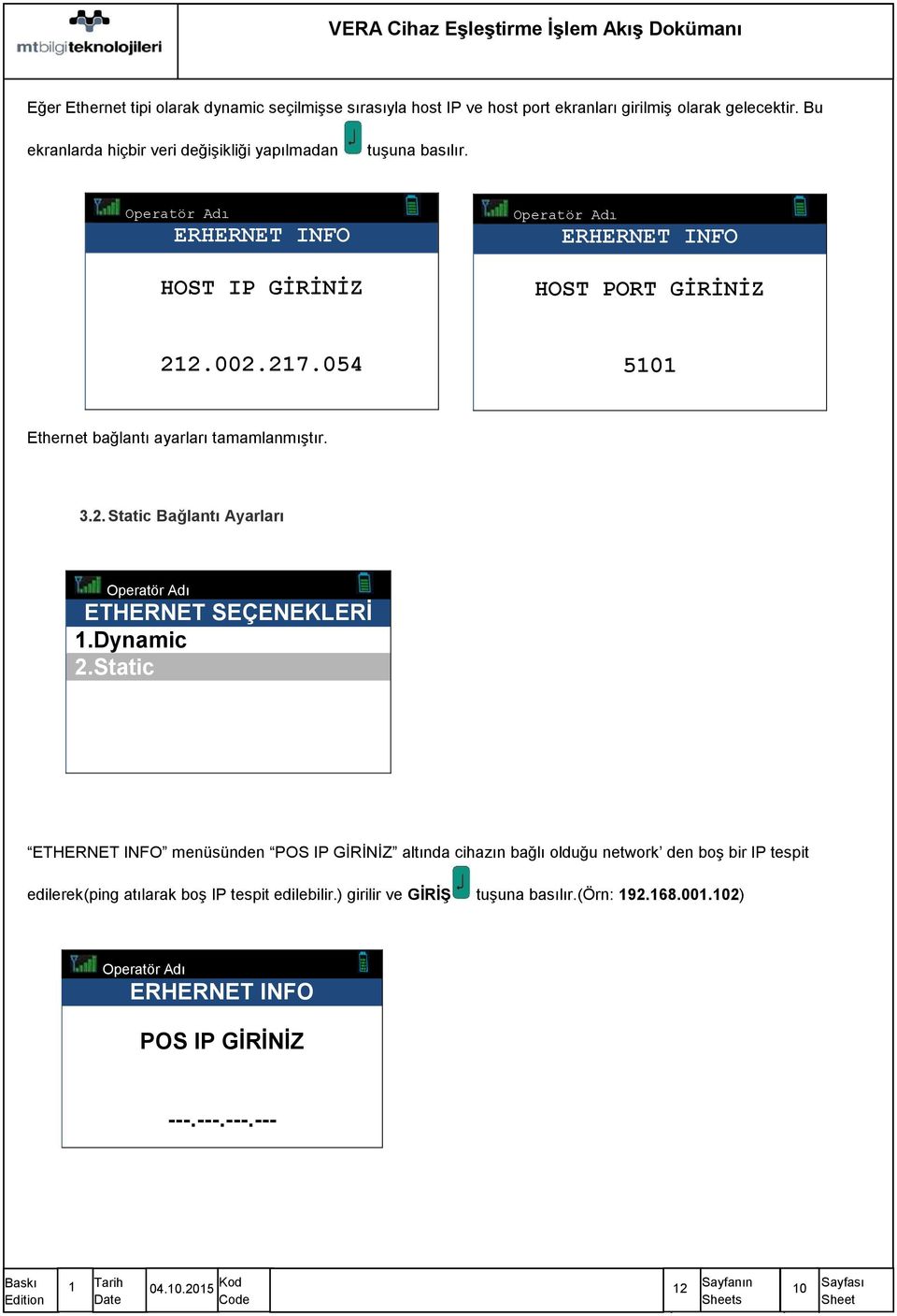 054 5101 Ethernet bağlantı ayarları tamamlanmıştır. 3.2. Static Bağlantı Ayarları ETHERNET SEÇENEKLERİ 1.Dynamic 2.