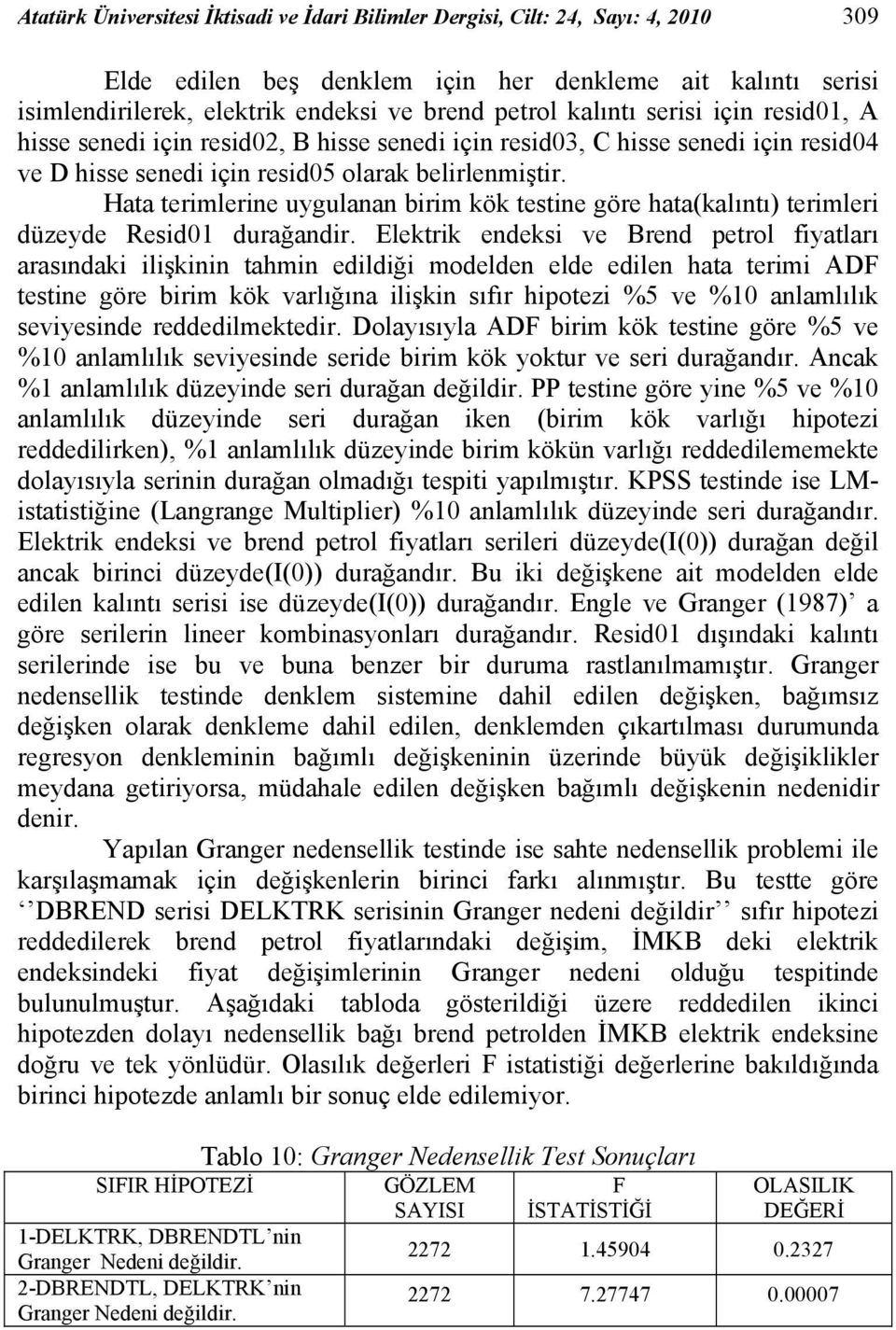 Hata terimlerine uygulanan birim kök testine göre hata(kalıntı) terimleri düzeyde Resid01 durağandir.