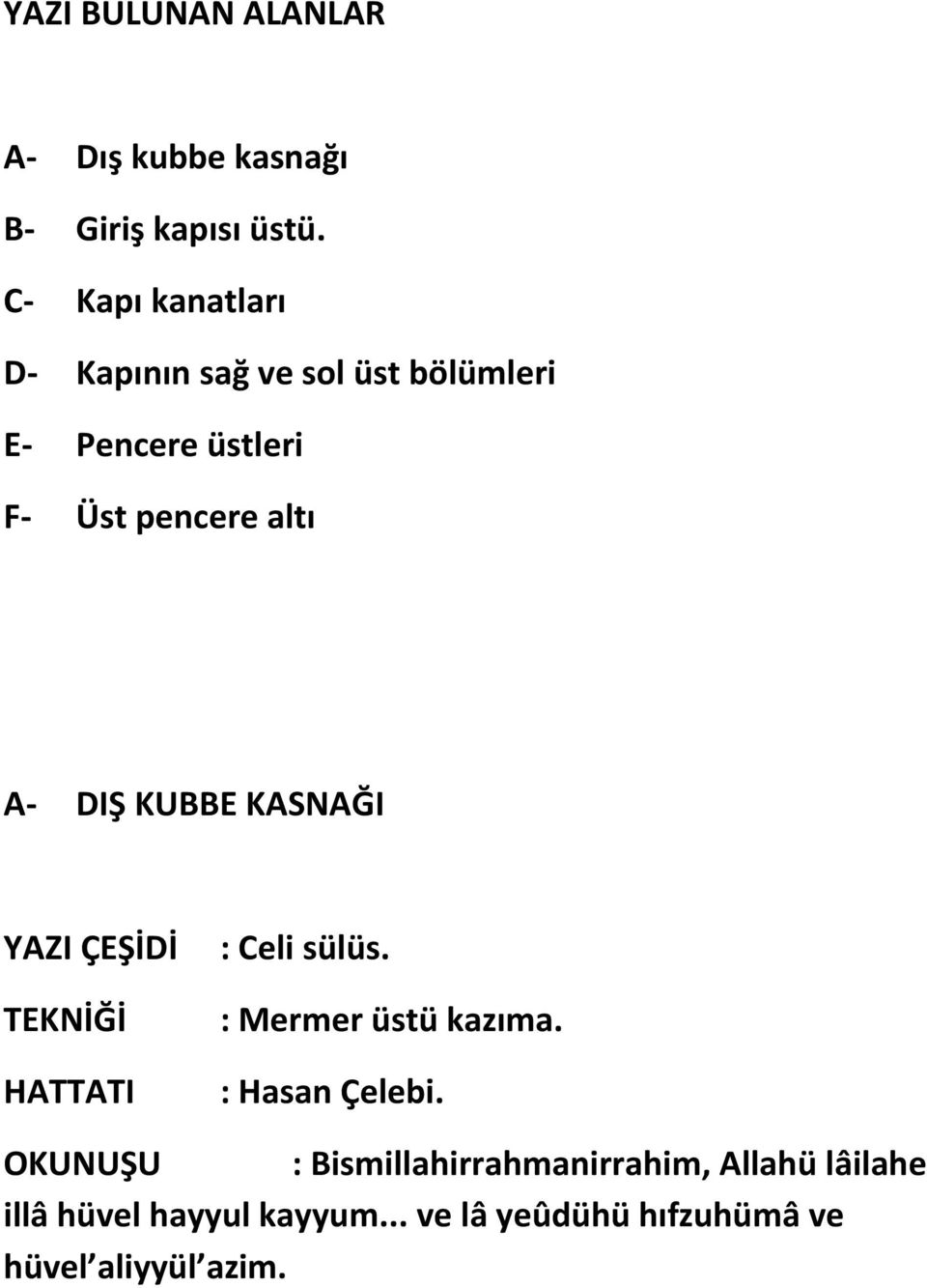 DIŞ KUBBE KASNAĞI YAZI ÇEŞİDİ TEKNİĞİ HATTATI : Celi sülüs. : Mermer üstü kazıma.