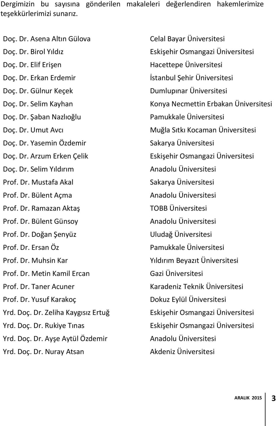 Dr. Ramazan Aktaş Prof. Dr. Bülent Günsoy Prof. Dr. Doğan Şenyüz Prof. Dr. Ersan Öz Prof. Dr. Muhsin Kar Prof. Dr. Metin Kamil Ercan Prof. Dr. Taner Acuner Prof. Dr. Yusuf Karakoç Yrd. Doç. Dr. Zeliha Kaygısız Ertuğ Yrd.