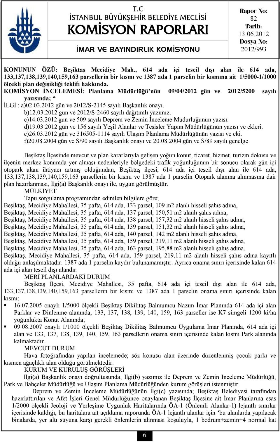 KOMİSYON İNCELEMESİ: Planlama Müdürlüğü nün 09/04/2012 gün ve 2012/5200 sayılı yazısında; İLGİ : a)02.03.2012 gün ve 2012/S-2145 sayılı Başkanlık onayı. b)12.03.2012 gün ve 2012/S-2460 sayılı dağıtımlı yazımız.