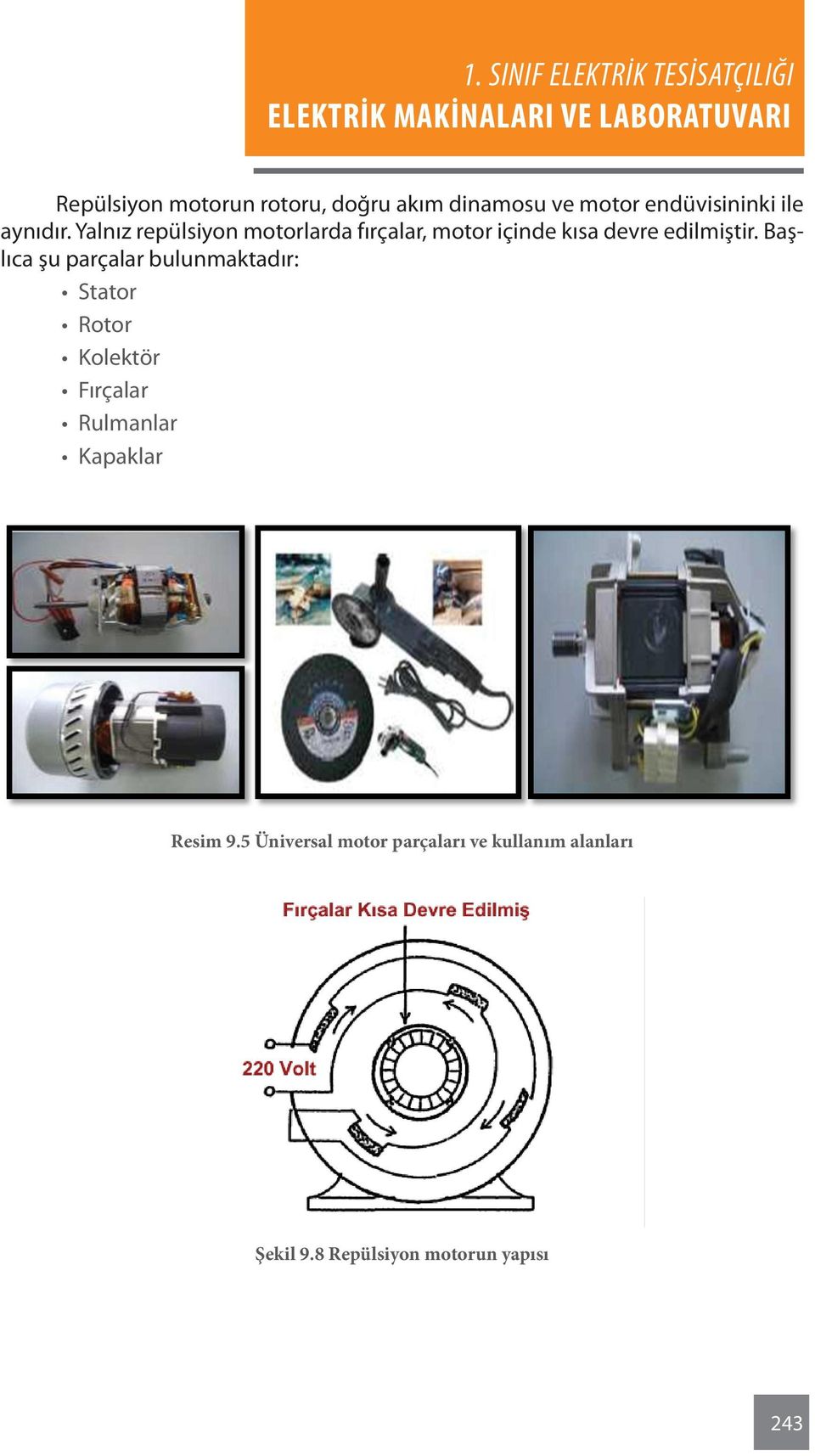 Başlıca şu parçalar bulunmaktadır: Stator Rotor Kolektör Fırçalar Rulmanlar Kapaklar