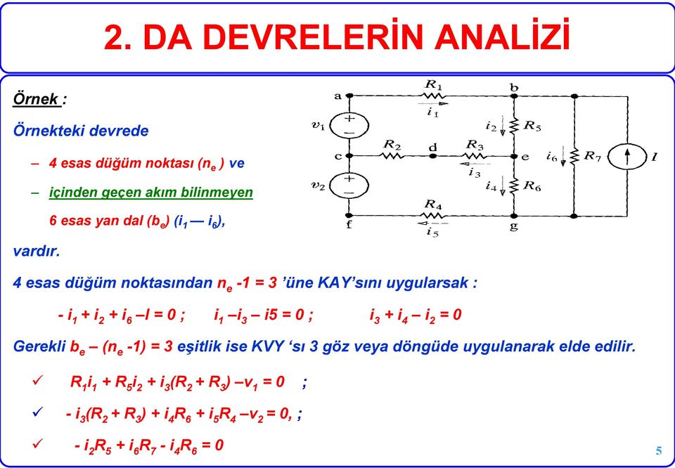 4 esas düğüm noktasından n e -1 = 3 üne KAY sını uygularsak : - i 1 + i 2 + i 6 I = 0 ; i 1 i 3 i5 = 0 ; i 3 + i 4 i