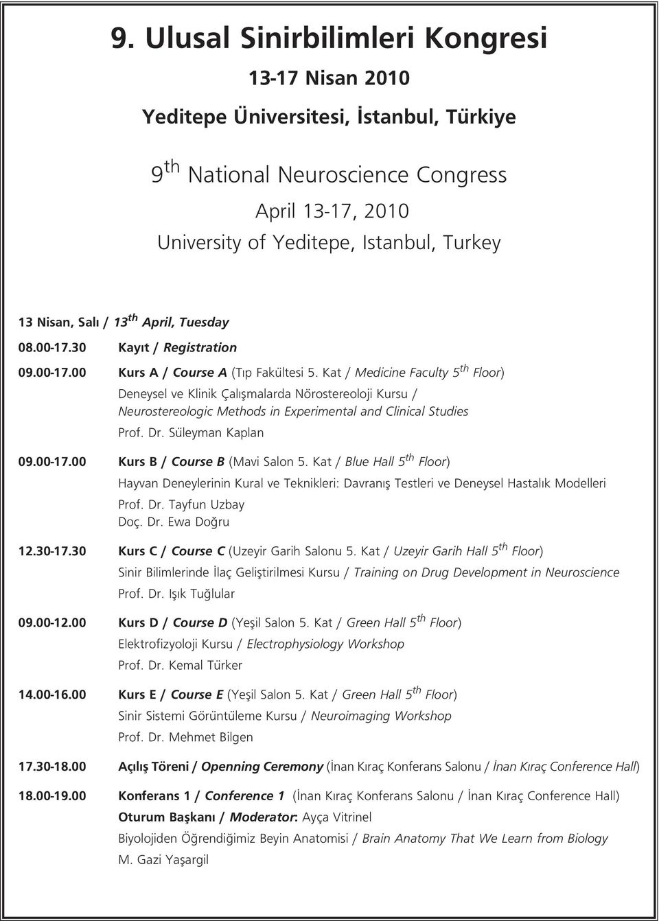 Kat / Medicine Faculty 5 th Floor) Deneysel ve Klinik Çal flmalarda Nörostereoloji Kursu / Neurostereologic Methods in Experimental and Clinical Studies Prof. Dr. Süleyman Kaplan 09.00-17.