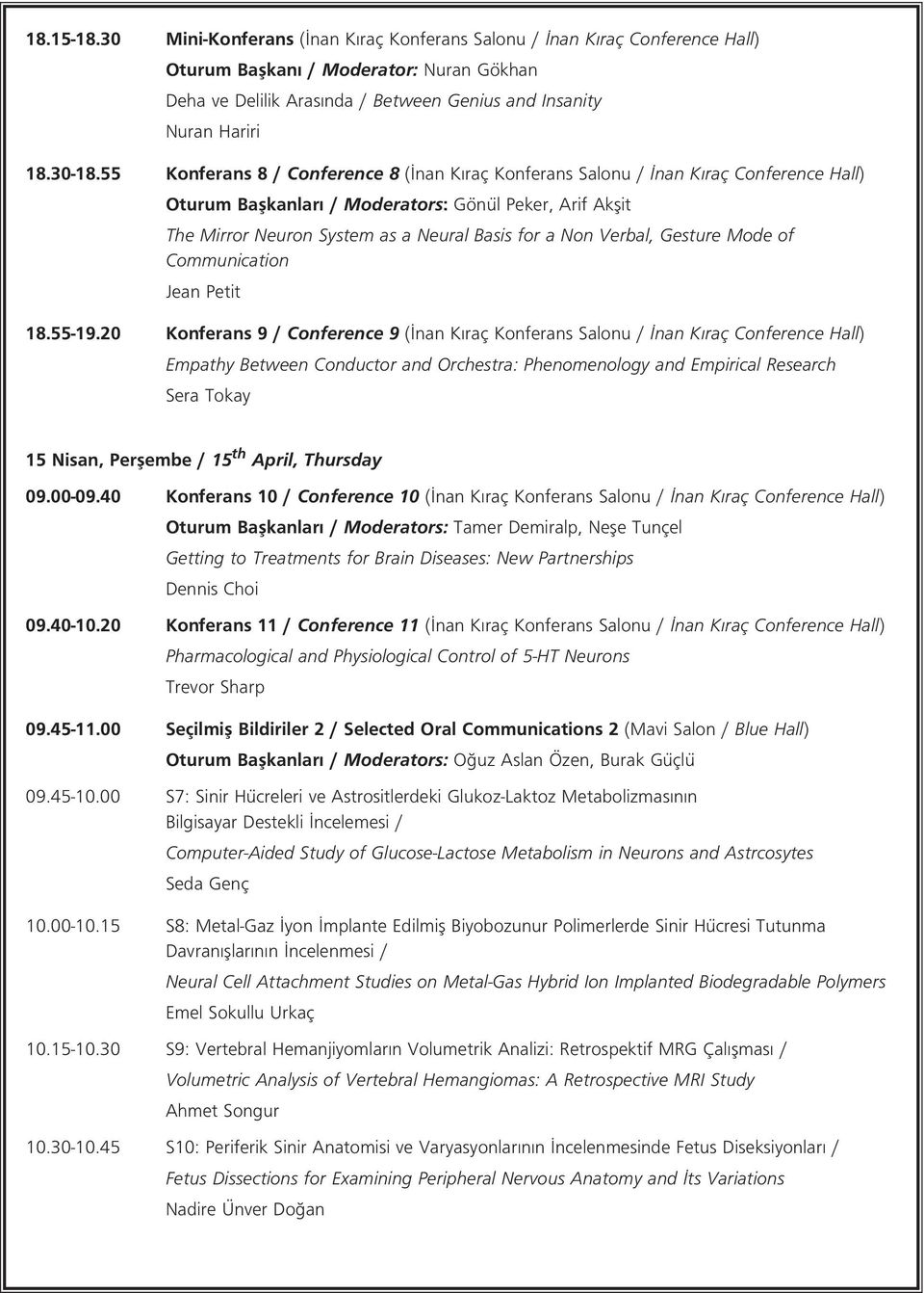 55 Konferans 8 / Conference 8 ( nan K raç Konferans Salonu / nan K raç Conference Hall) Oturum Baflkanlar / Moderators: Gönül Peker, Arif Akflit The Mirror Neuron System as a Neural Basis for a Non
