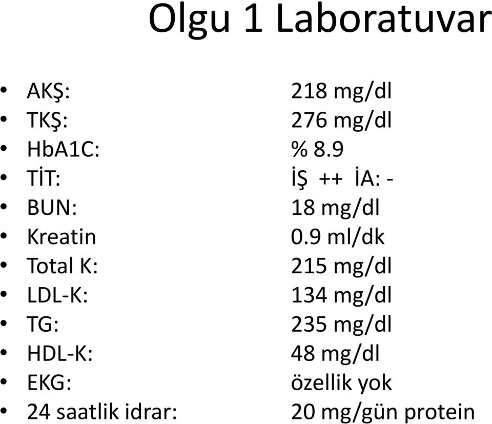 9 ml/dk Total K: 215 mg/dl LDL-K: 134 mg/dl TG: 235 mg/dl