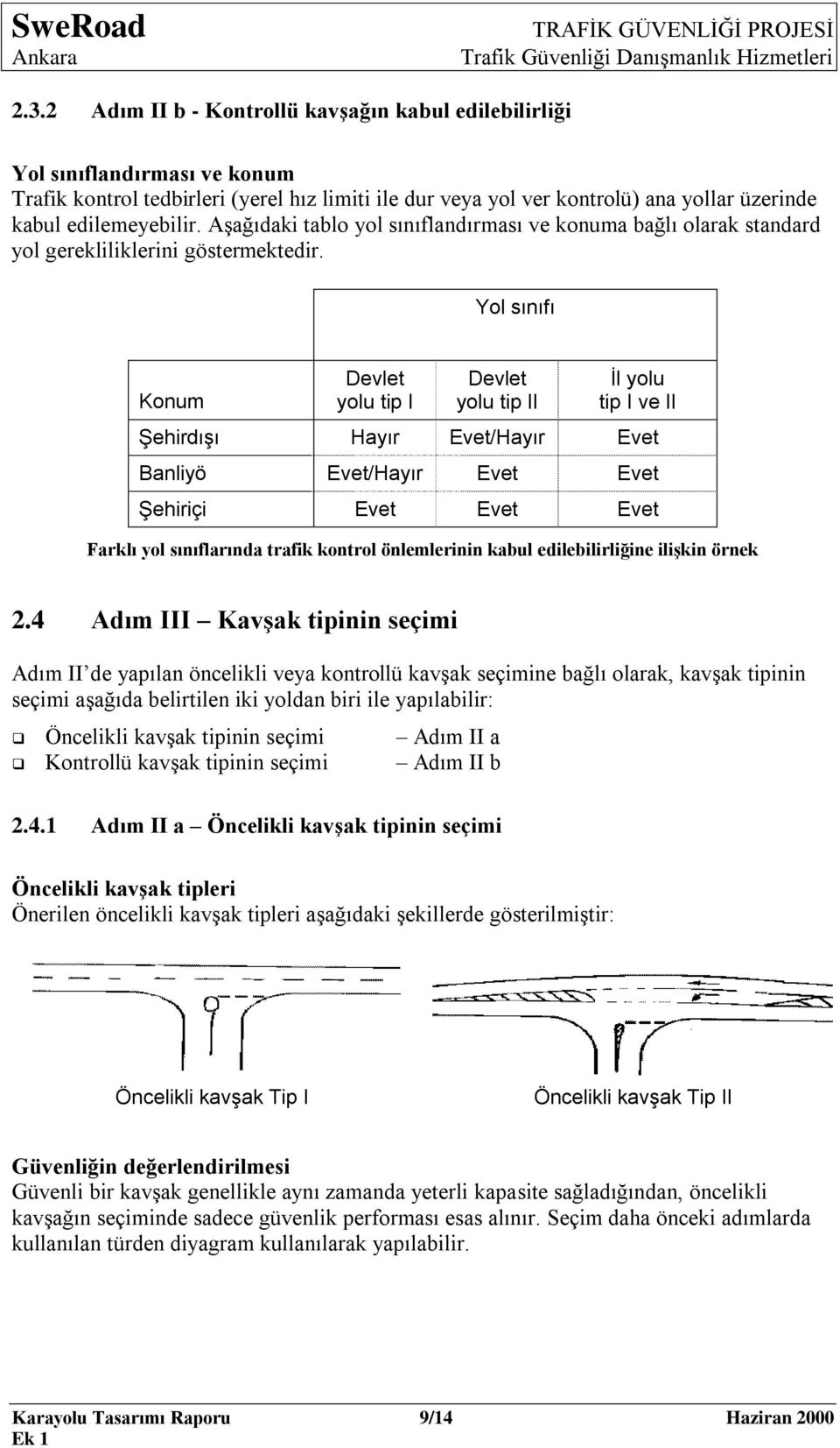 Yol sınıfı Konum Devlet yolu tip I Devlet yolu tip II İl yolu tip I ve II Şehirdışı Hayır Evet/Hayır Evet Banliyö Evet/Hayır Evet Evet Şehiriçi Evet Evet Evet Farklı yol sınıflarında trafik kontrol