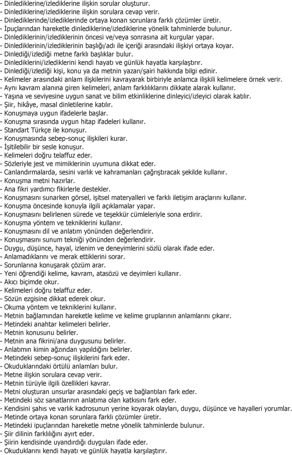 - Dinlediklerinin/izlediklerinin başlığı/adı ile içeriği arasındaki ilişkiyi ortaya koyar. - Dinlediği/izlediği metne farklı başlıklar bulur.