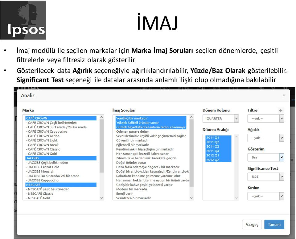 data Ağırlık seçeneğiyle ağırlıklandırılabilir, Yüzde/Baz Olarak gösterilebilir.