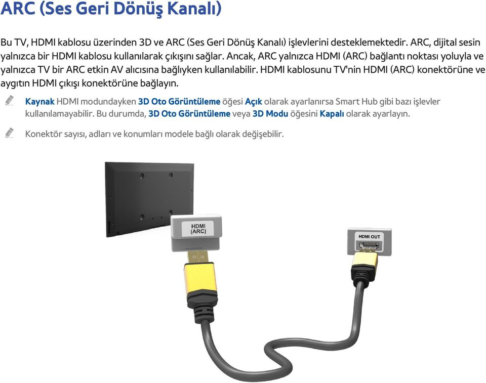 Ancak, ARC yalnızca HDMI (ARC) bağlantı noktası yoluyla ve yalnızca TV bir ARC etkin AV alıcısına bağlıyken kullanılabilir.