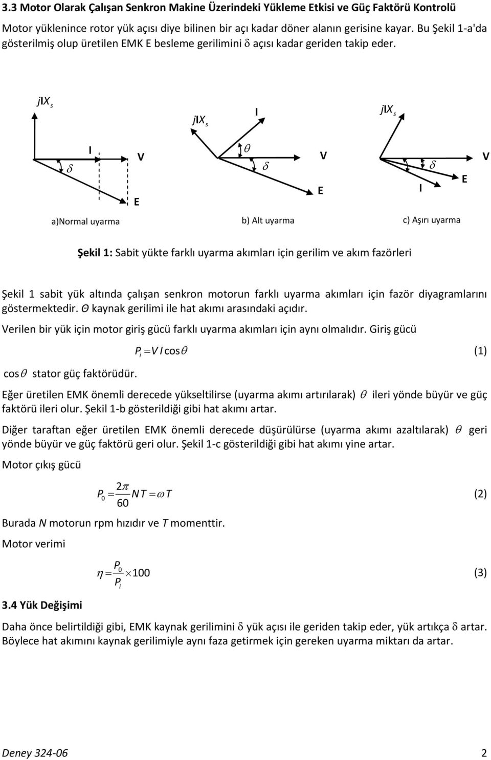 ji X s ji X s I ji X s δ I E θ δ E I δ E a)normal uyarma b) Alt uyarma c) Aşırı uyarma Şekil : Sabit yükte farklı uyarma akımları için gerilim ve akım fazörleri Şekil sabit yük altında çalışan