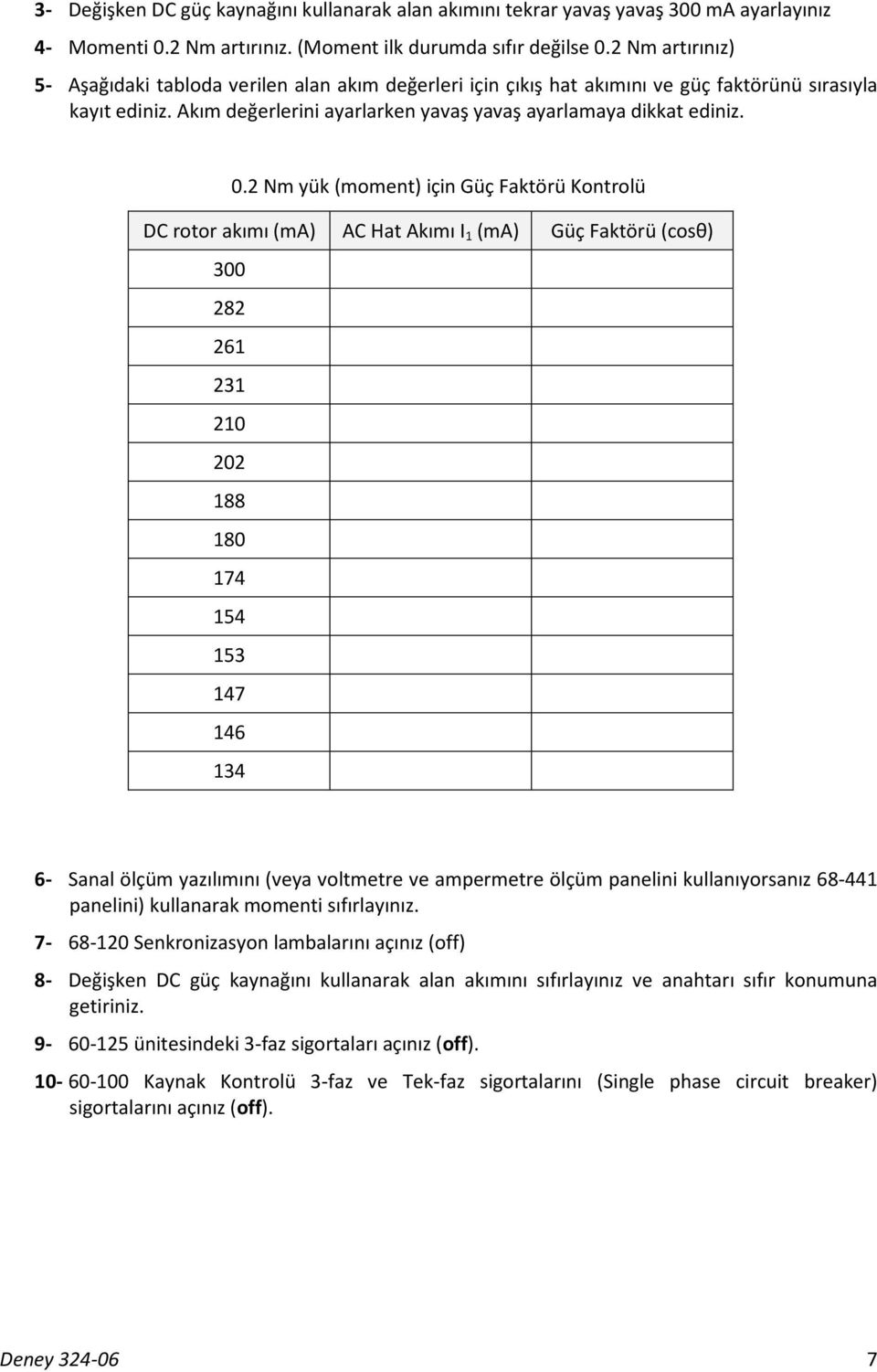 Nm yük (moment) için Güç Faktörü Kontrolü DC rotor akımı (ma) AC Hat Akımı I (ma) Güç Faktörü (cosθ) 00 8 6 0 0 88 80 74 54 5 47 46 4 6- Sanal ölçüm yazılımını (veya voltmetre ve ampermetre ölçüm