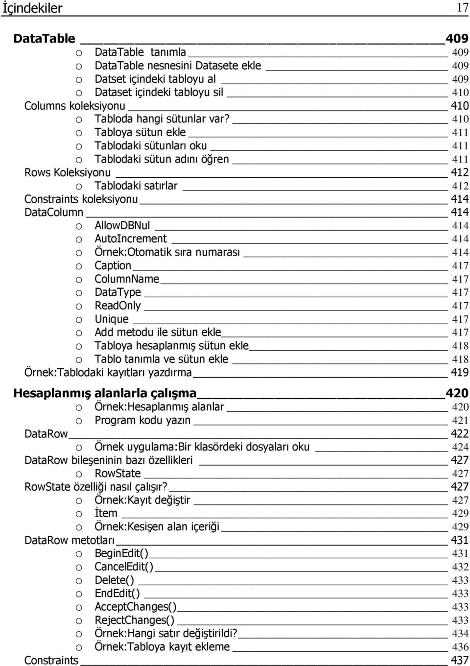 410 o Tabloya sütun ekle 411 o Tablodaki sütunları oku 411 o Tablodaki sütun adını öğren 411 Rows Koleksiyonu 412 o Tablodaki satırlar 412 Constraints koleksiyonu 414 DataColumn 414 o AllowDBNul 414