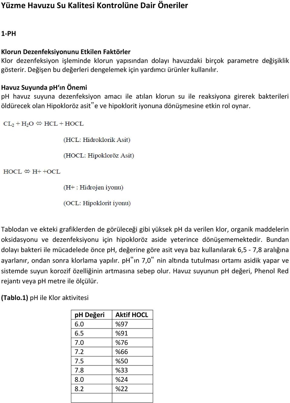 Havuz Suyunda ph ın Önemi ph havuz suyuna dezenfeksiyon amacı ile atılan klorun su ile reaksiyona girerek bakterileri öldürecek olan Hipokloröz asit e ve hipoklorit iyonuna dönüşmesine etkin rol