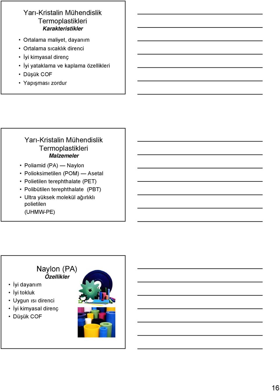 Poliamid (PA) Naylon Polioksimetilen (POM) Asetal Polietilen terephthalate (PET) Polibütilen terephthalate (PBT) Ultra yüksek