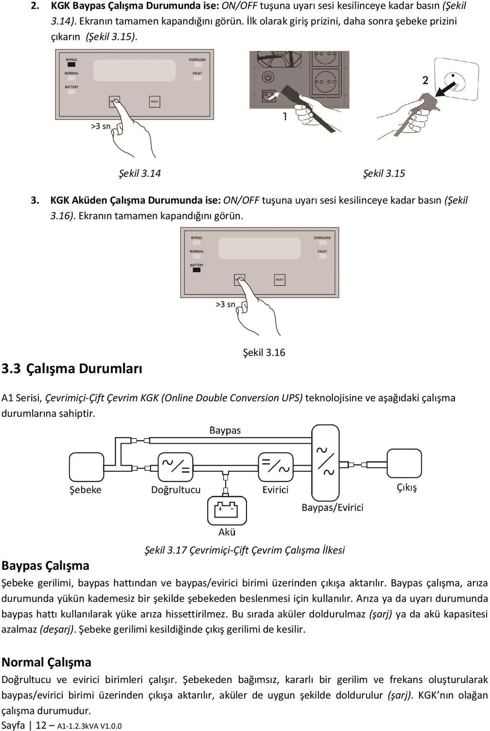 Ekranın tamamen kapandığını görün. 3.3 Çalışma Durumları Şekil 3.16 A1 Serisi, Çevrimiçi-Çift Çevrim KGK (Online Double Conversion UPS) teknolojisine ve aşağıdaki çalışma durumlarına sahiptir.