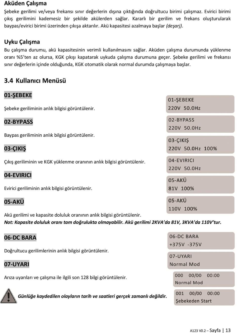 Uyku Çalışma Bu çalışma durumu, akü kapasitesinin verimli kullanılmasını sağlar. Aküden çalışma durumunda yüklenme oranı %5 ten az olursa, KGK çıkışı kapatarak uykuda çalışma durumuna geçer.