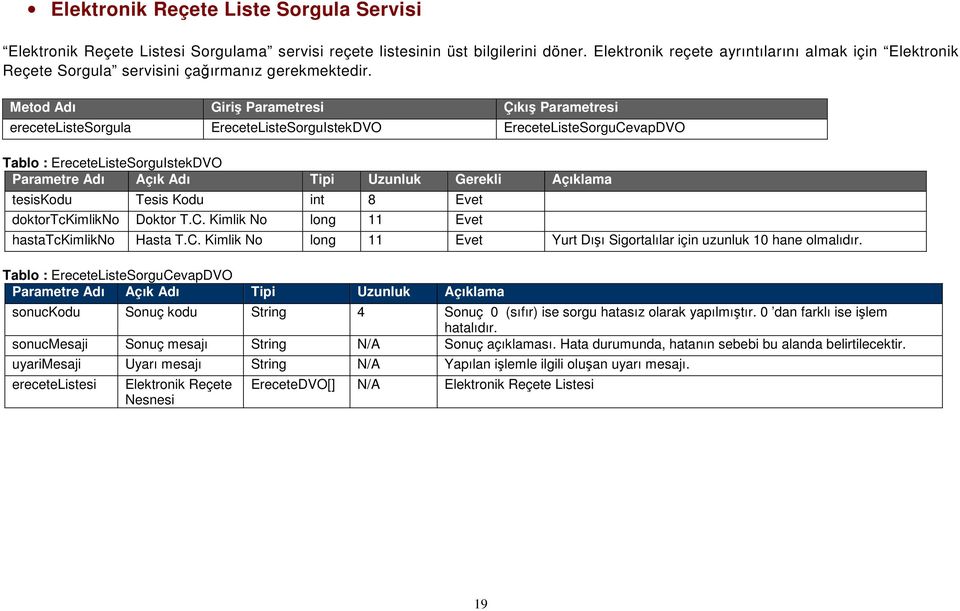 erecetelistesorgula EreceteListeSorguIstekDVO EreceteListeSorguCevapDVO Tablo : EreceteListeSorguIstekDVO Parametre Adı Açık Adı Tipi Uzunluk Gerekli Açıklama tesiskodu Tesis Kodu int 8 Evet