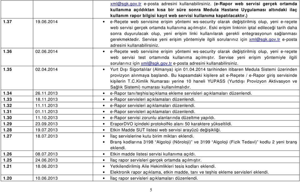 2014 e-reçete web servisine erişim yöntemi ws-security olarak değiştirilmiş olup, yeni e-reçete web servisi gerçek ortamda kullanıma açılmıştır.