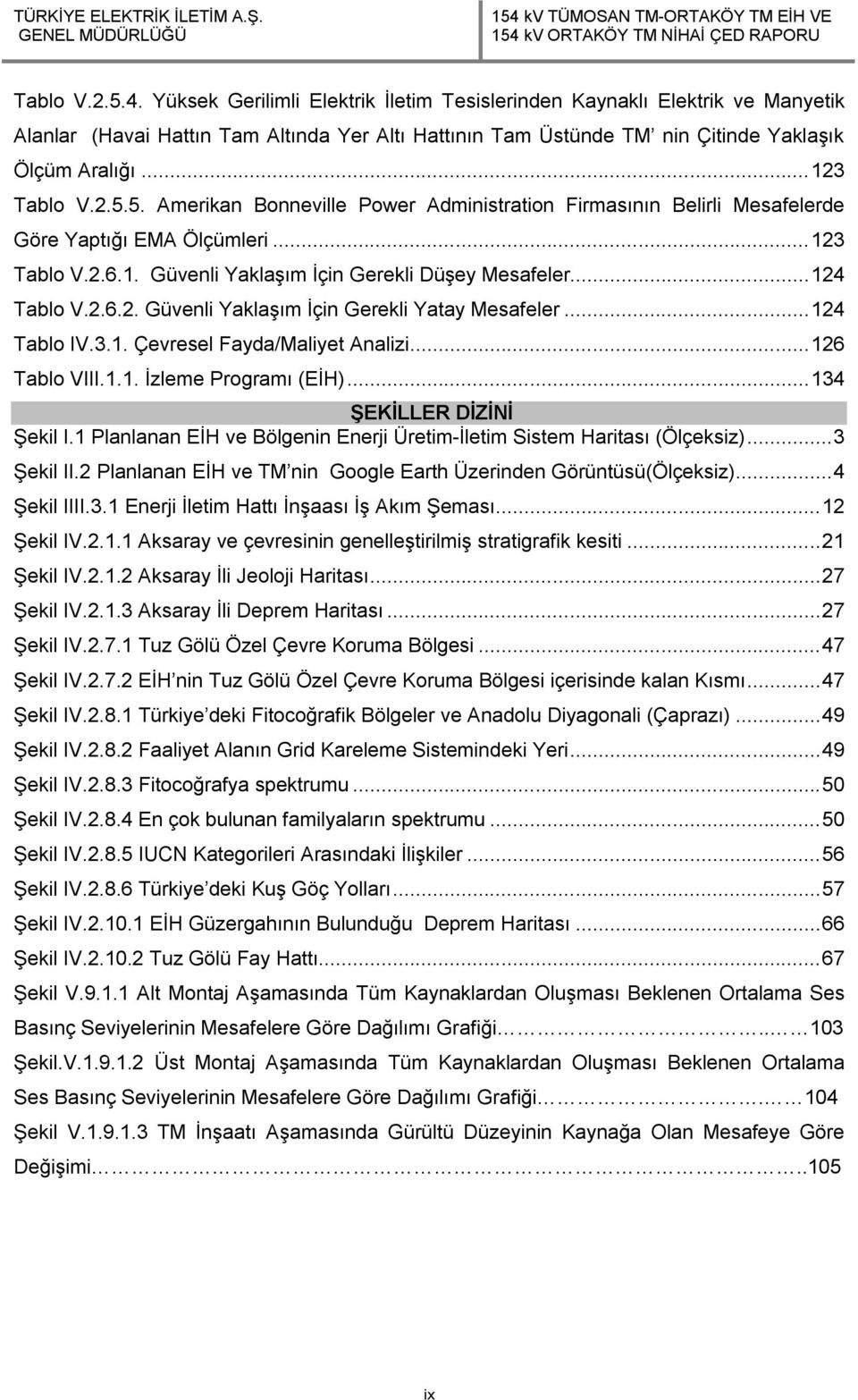 .. 124 Tablo V.2.6.2. Güvenli Yaklaşım İçin Gerekli Yatay Mesafeler... 124 Tablo IV.3.1. Çevresel Fayda/Maliyet Analizi... 126 Tablo VIII.1.1. İzleme Programı (EİH)... 134 ŞEKİLLER DİZİNİ Şekil I.