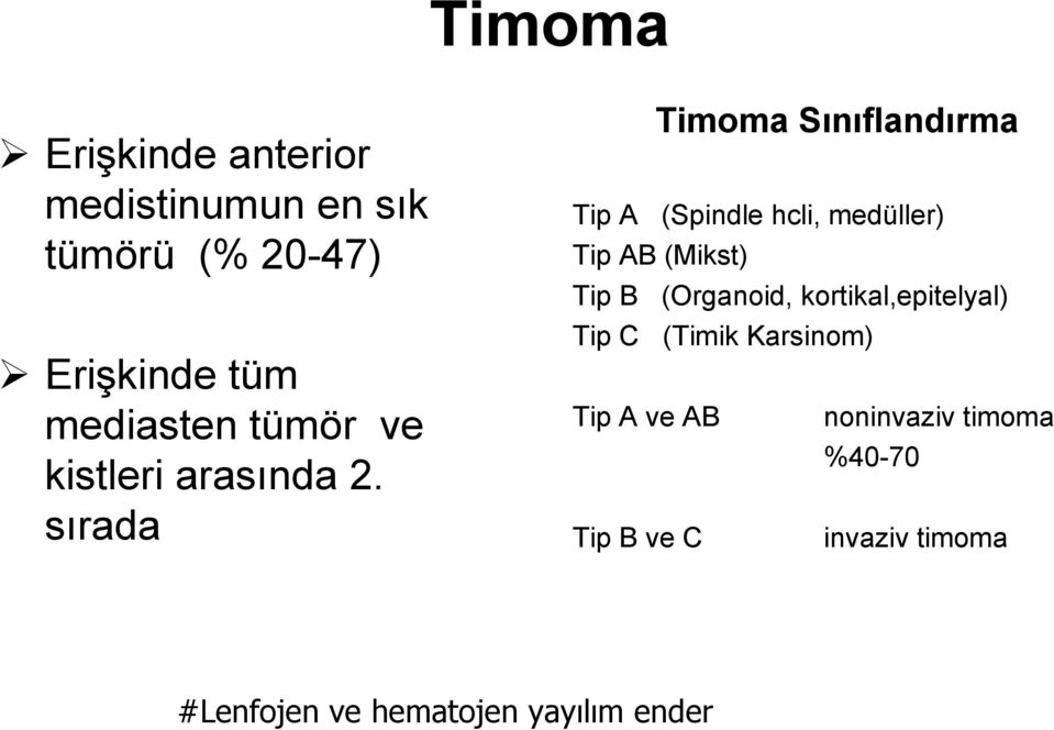 sırada Timoma Sınıflandırma Tip A (Spindle hcli, medüller) Tip AB (Mikst) Tip B