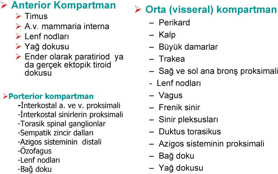 ve v. proksimali -İnterkostal sinirlerin proksimali -Torasik spinal ganglionlar -Sempatik zincir dalları -Azigos sisteminin distali