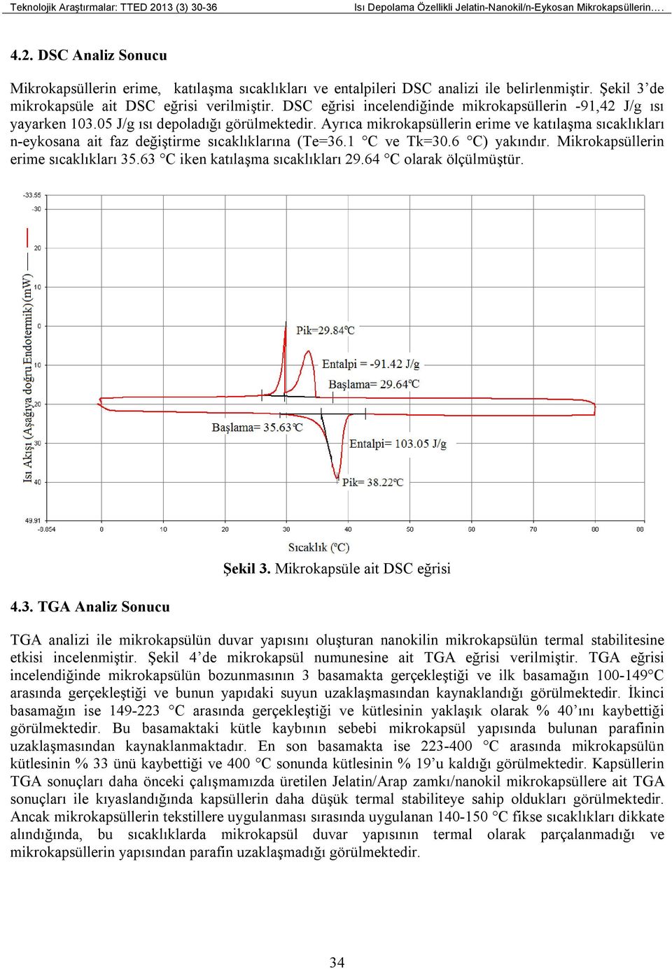 Ayrıca mikrokapsüllerin erime ve katılaşma sıcaklıkları n-eykosana ait faz değiştirme sıcaklıklarına (Te=36.1 C ve Tk=30.6 C) yakındır. Mikrokapsüllerin erime sıcaklıkları 35.