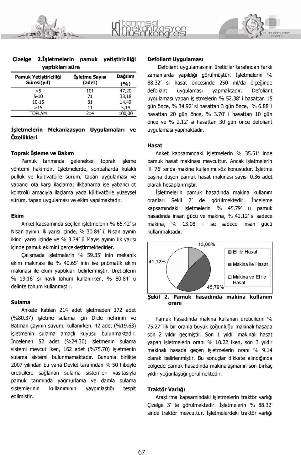 İşletmelerin Mekanizasyon Uygulamaları ve Özellikleri Toprak İşleme ve Bakım Pamuk tarımında geleneksel toprak işleme yöntemi hakimdir.