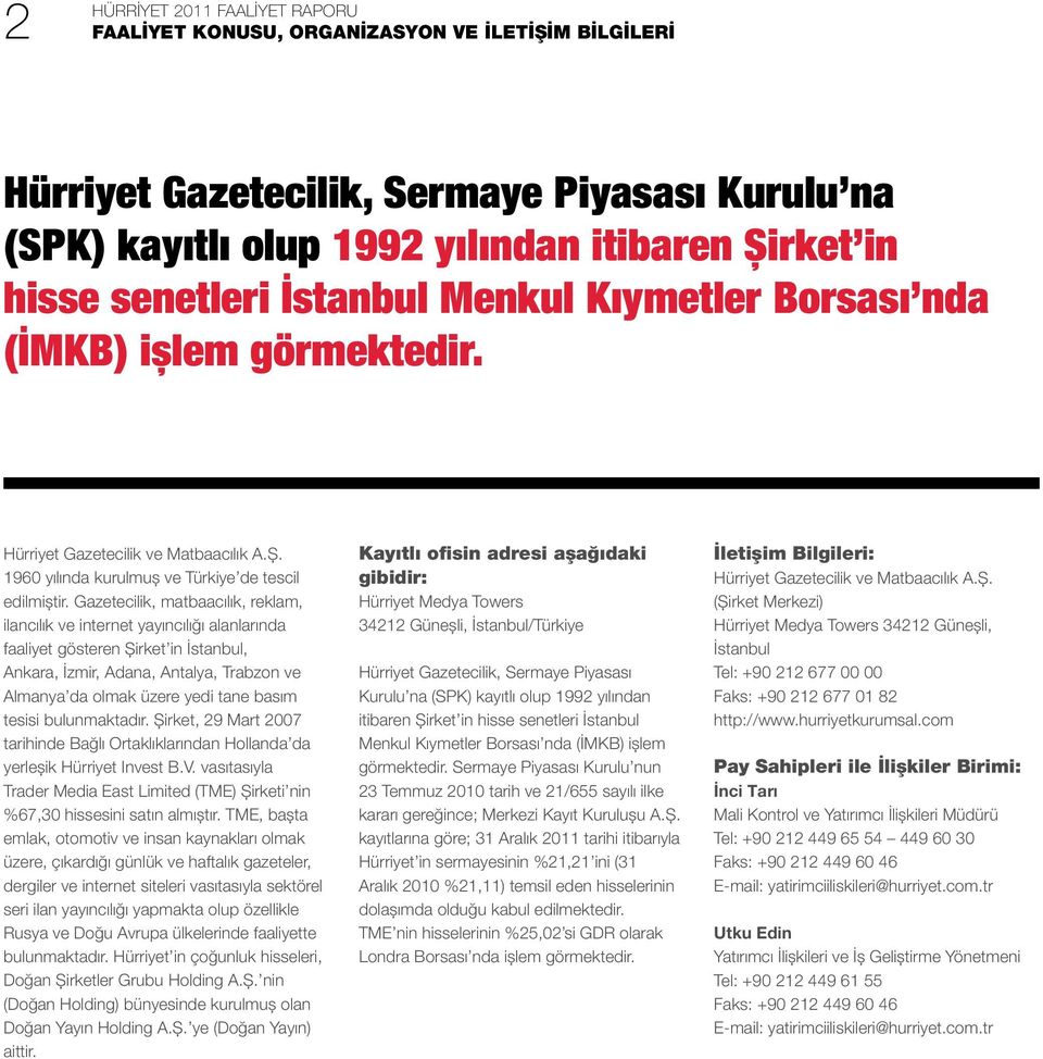 Gazetecilik, matbaacılık, reklam, ilancılık ve internet yayıncılığı alanlarında faaliyet gösteren Şirket in İstanbul, Ankara, İzmir, Adana, Antalya, Trabzon ve Almanya da olmak üzere yedi tane basım