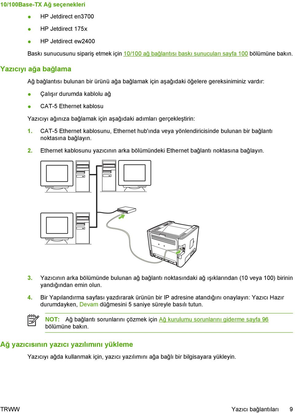 aşağıdaki adımları gerçekleştirin: 1. CAT-5 Ethernet kablosunu, Ethernet hub'ında veya yönlendiricisinde bulunan bir bağlantı noktasına bağlayın. 2.