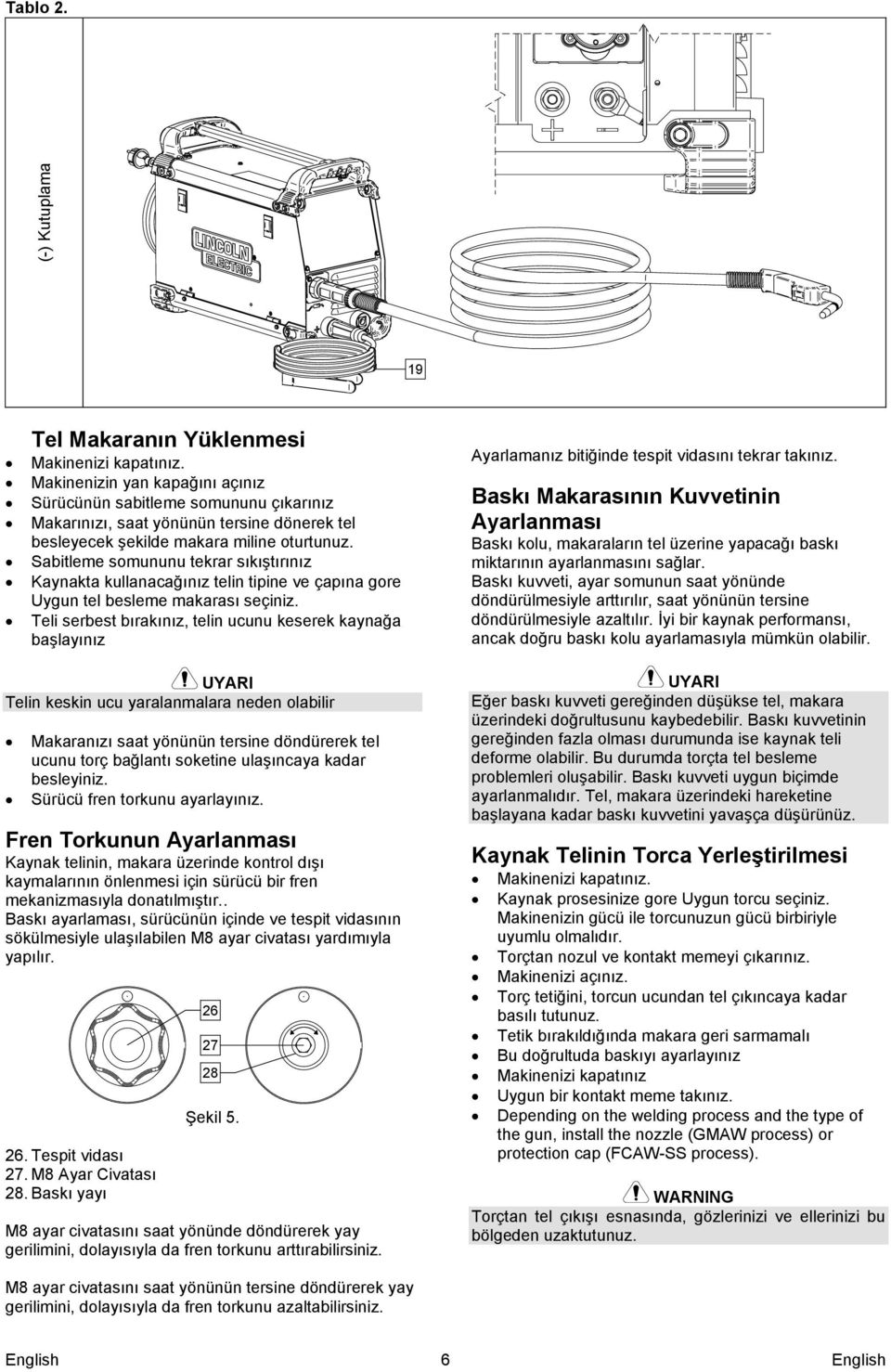 Sabitleme somununu tekrar sıkıştırınız Kaynakta kullanacağınız telin tipine ve çapına gore Uygun tel besleme makarası seçiniz.