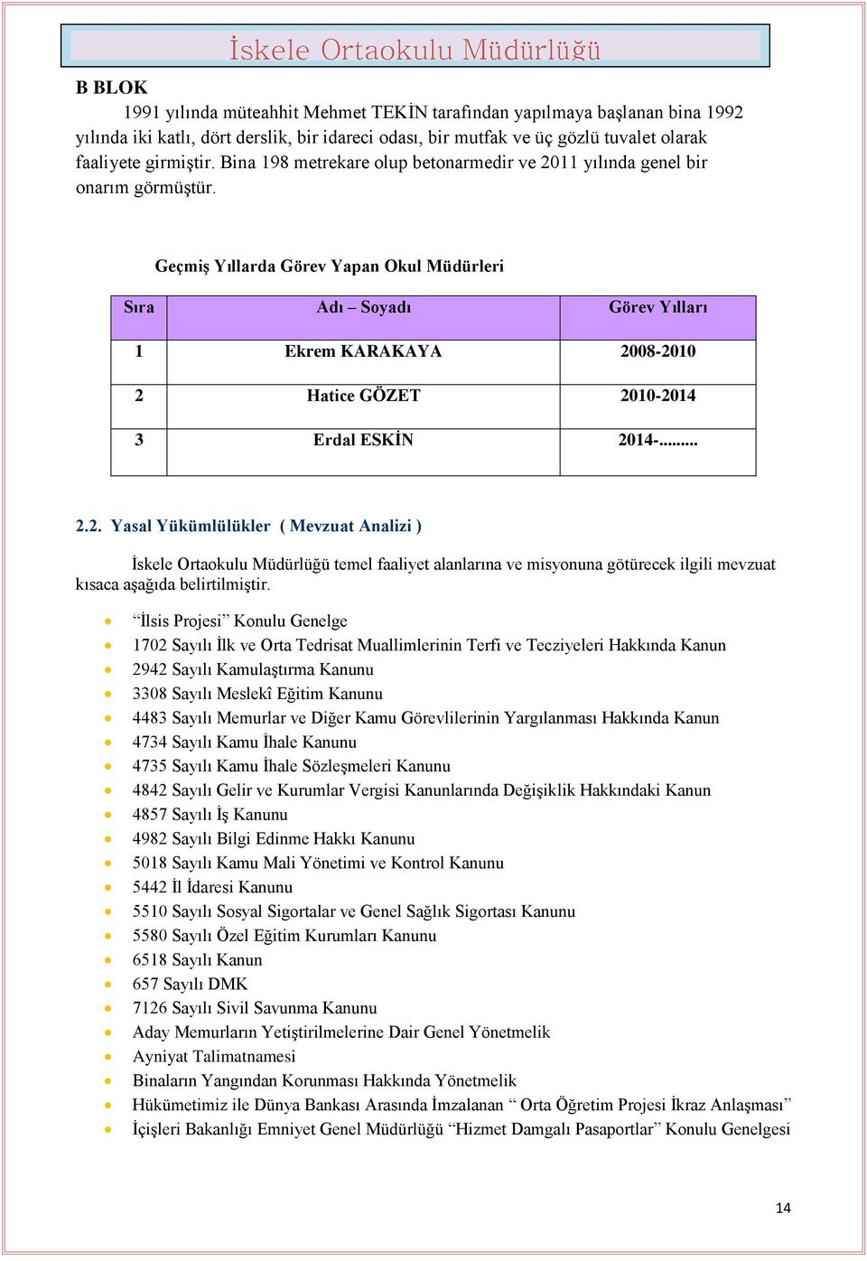 Geçmiş Yıllarda Görev Yapan Okul Müdürleri Sıra Adı Soyadı Görev Yılları 1 Ekrem KARAKAYA 20