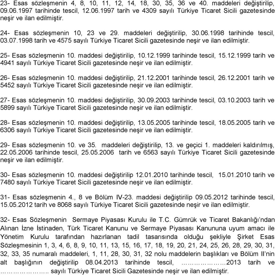 25- Esas sözleşmenin 10. maddesi değiştirilip, 10.12.1999 tarihinde tescil, 15.12.1999 tarih ve 4941 sayılı Türkiye Ticaret Sicili gazetesinde neşir ve ilan edilmiştir. 26- Esas sözleşmenin 10.