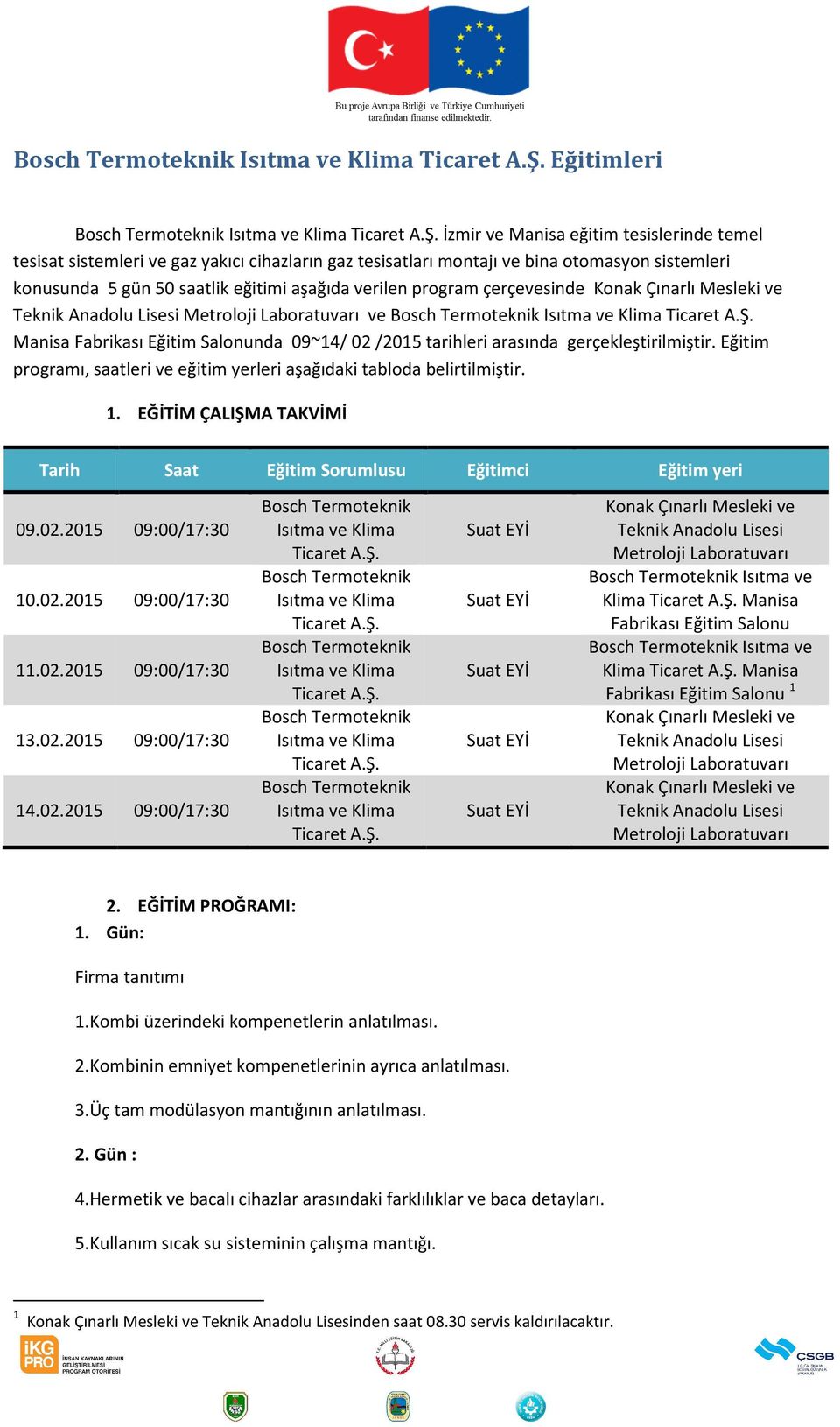 verilen program çerçevesinde Konak Çınarlı Mesleki ve Teknik Anadolu Metroloji Laboratuvarı ve  Manisa Fabrikası Eğitim Salonunda 09~14/ 02 /2015 tarihleri arasında gerçekleştirilmiştir.